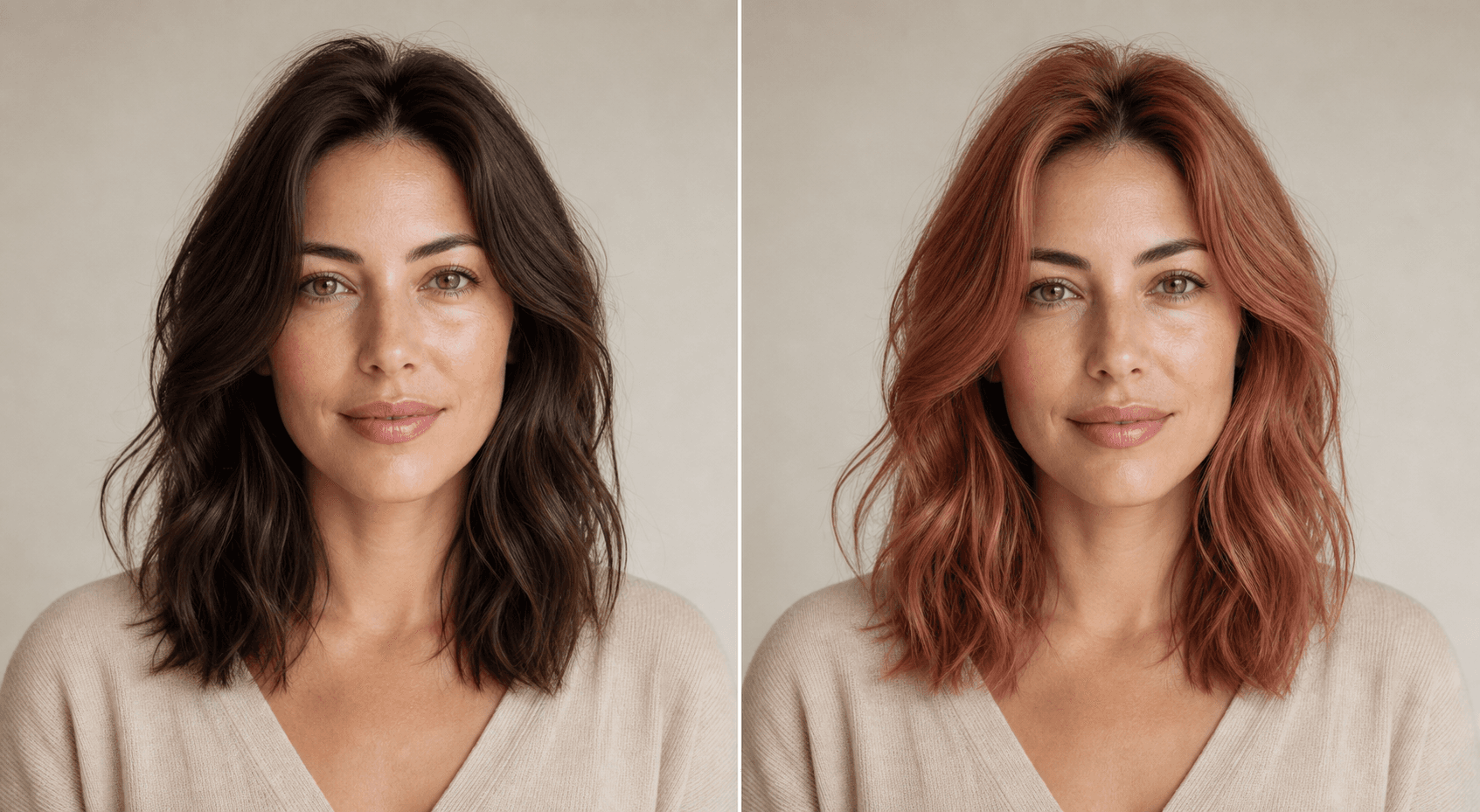 AI-generated before and after example showing the same person with brunette and rose-copper hair